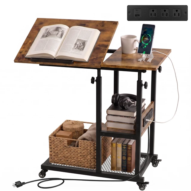Alt view image 8 of 14 - Adjustable C Table with Charging Station, Tiltable Desk C Shaped End Table for Couch, Over Bed Table with Wheels Adjustable Height, Hospital Table Laptop Stand Drawing Desk, Rustic Brown
