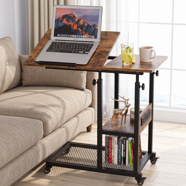 Alt view image 9 of 14 - Adjustable C Table with Charging Station, Tiltable Desk C Shaped End Table for Couch, Over Bed Table with Wheels Adjustable Height, Hospital Table Laptop Stand Drawing Desk, Rustic Brown
