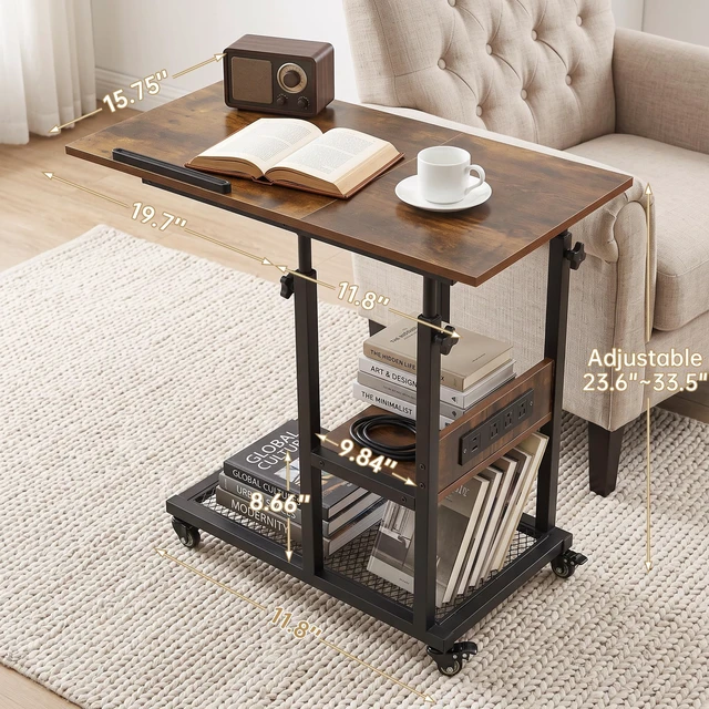 Alt view image 10 of 14 - Adjustable C Table with Charging Station, Tiltable Desk C Shaped End Table for Couch, Over Bed Table with Wheels Adjustable Height, Hospital Table Laptop Stand Drawing Desk, Rustic Brown
