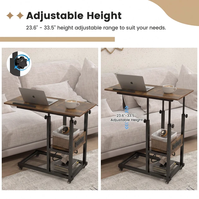 Alt view image 11 of 14 - Adjustable C Table with Charging Station, Tiltable Desk C Shaped End Table for Couch, Over Bed Table with Wheels Adjustable Height, Hospital Table Laptop Stand Drawing Desk, Rustic Brown