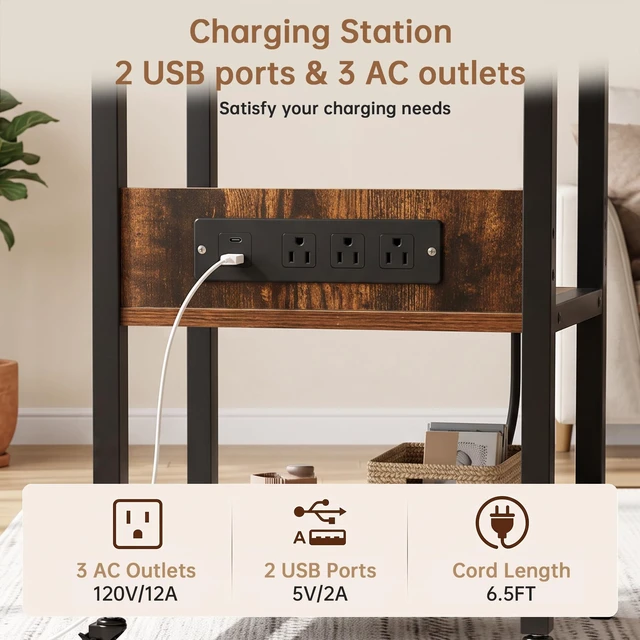 Alt view image 12 of 14 - Adjustable C Table with Charging Station, Tiltable Desk C Shaped End Table for Couch, Over Bed Table with Wheels Adjustable Height, Hospital Table Laptop Stand Drawing Desk, Rustic Brown