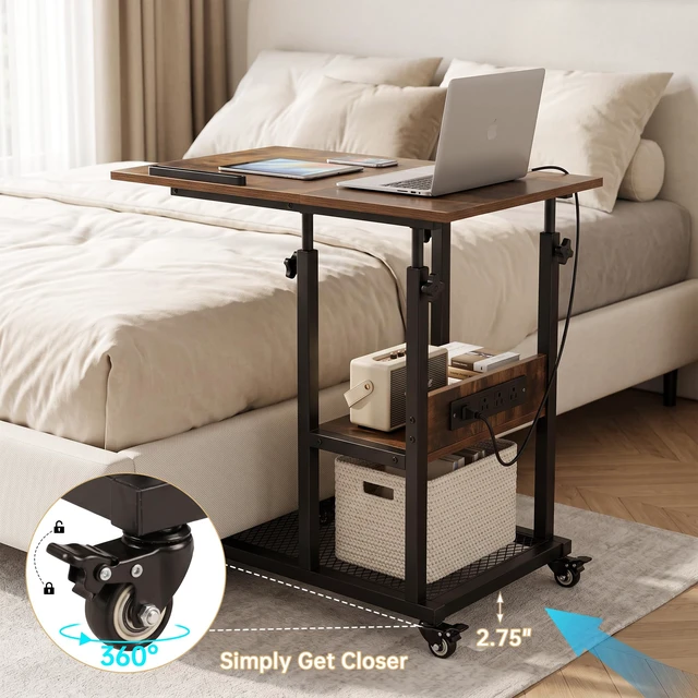Alt view image 13 of 14 - Adjustable C Table with Charging Station, Tiltable Desk C Shaped End Table for Couch, Over Bed Table with Wheels Adjustable Height, Hospital Table Laptop Stand Drawing Desk, Rustic Brown