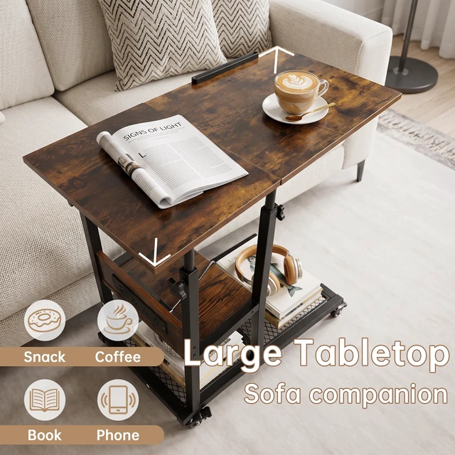 Alt view image 14 of 14 - Adjustable C Table with Charging Station, Tiltable Desk C Shaped End Table for Couch, Over Bed Table with Wheels Adjustable Height, Hospital Table Laptop Stand Drawing Desk, Rustic Brown