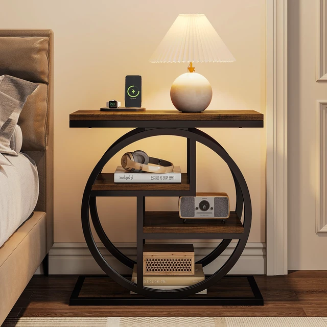 Alt view image 4 of 7 - End Table for Living Room, 4-Tier Narrow Side Table with Storage Shelves, Industrial Bedside Table for Bedroom, Wood Small Sofa Side Table with Geometric Metal Frame (1 PC, Rustic Brown)