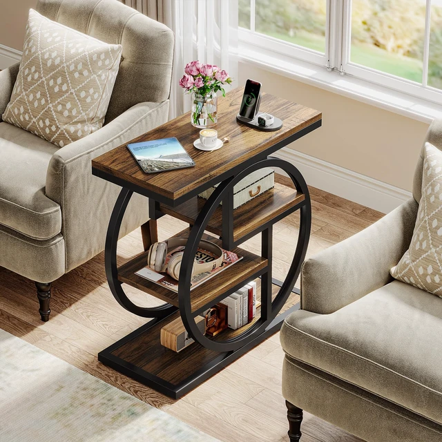Alt view image 5 of 7 - End Table for Living Room, 4-Tier Narrow Side Table with Storage Shelves, Industrial Bedside Table for Bedroom, Wood Small Sofa Side Table with Geometric Metal Frame (1 PC, Rustic Brown)