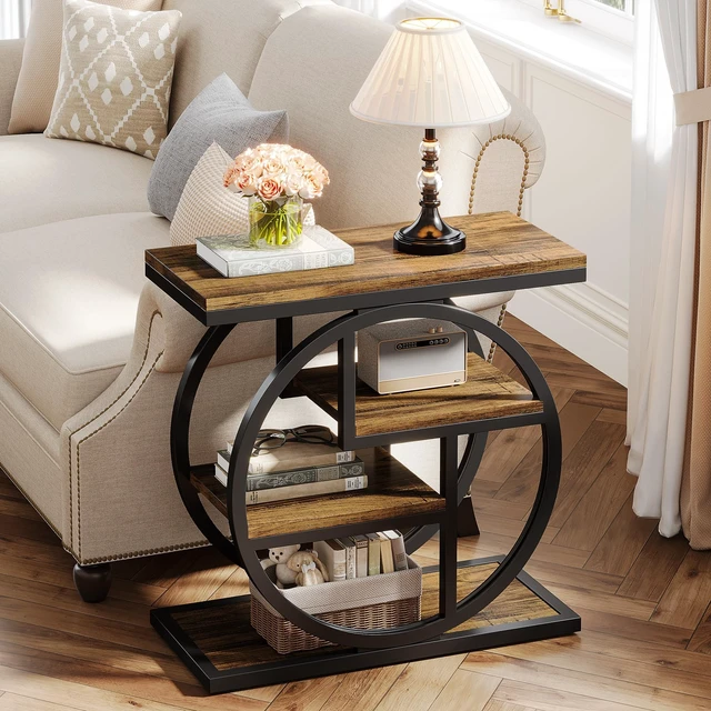 Alt view image 3 of 7 - End Table for Living Room, 4-Tier Narrow Side Table with Storage Shelves, Industrial Bedside Table for Bedroom, Wood Small Sofa Side Table with Geometric Metal Frame (1 PC, Rustic Brown)