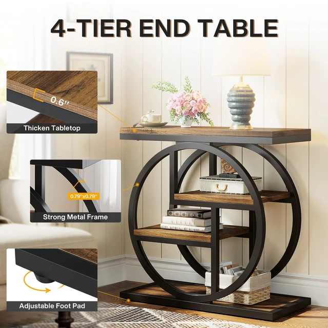 Alt view image 6 of 7 - End Table for Living Room, 4-Tier Narrow Side Table with Storage Shelves, Industrial Bedside Table for Bedroom, Wood Small Sofa Side Table with Geometric Metal Frame (1 PC, Rustic Brown)