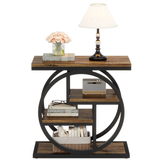Alt view image 7 of 7 - End Table for Living Room, 4-Tier Narrow Side Table with Storage Shelves, Industrial Bedside Table for Bedroom, Wood Small Sofa Side Table with Geometric Metal Frame (1 PC, Rustic Brown)
