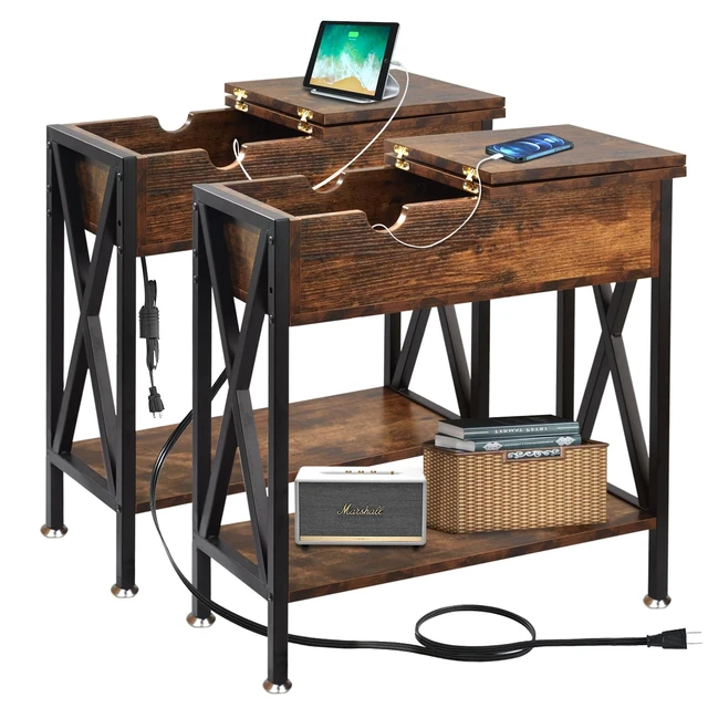 Main image of End Tables Living Room Set of 2 with Charging Station, 12"D x 24"W x 24"H | Flip Top End Table with USB Ports and Outlets, Living Room Side Tables Set of 2, End Table with Steel X-Shaped Frame