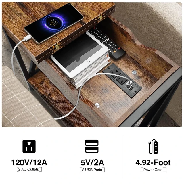 Alt view image 2 of 7 - End Tables Living Room Set of 2 with Charging Station, 12"D x 24"W x 24"H | Flip Top End Table with USB Ports and Outlets, Living Room Side Tables Set of 2, End Table with Steel X-Shaped Frame