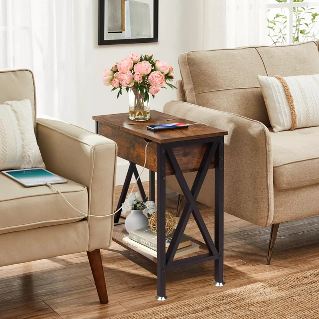 Alt view image 7 of 7 - End Tables Living Room Set of 2 with Charging Station, 12"D x 24"W x 24"H | Flip Top End Table with USB Ports and Outlets, Living Room Side Tables Set of 2, End Table with Steel X-Shaped Frame