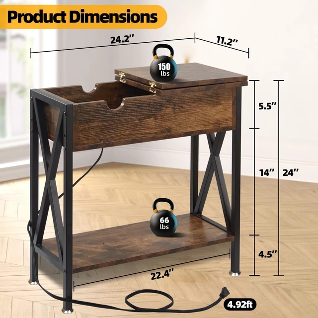 Alt view image 3 of 7 - End Tables Living Room Set of 2 with Charging Station, 12"D x 24"W x 24"H | Flip Top End Table with USB Ports and Outlets, Living Room Side Tables Set of 2, End Table with Steel X-Shaped Frame