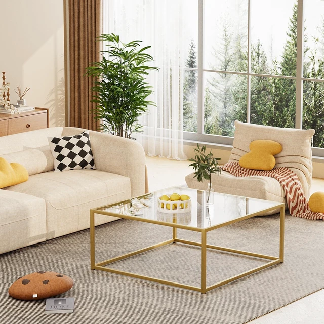 Alt view image 2 of 7 - Glass Coffee Table, Small Square Coffee Table for Living Room,Simple Modern Center Tables for Small Spaces, Gold Living Room Tea Tables Easy Assembly,26 * 26inGold & Clear Glass