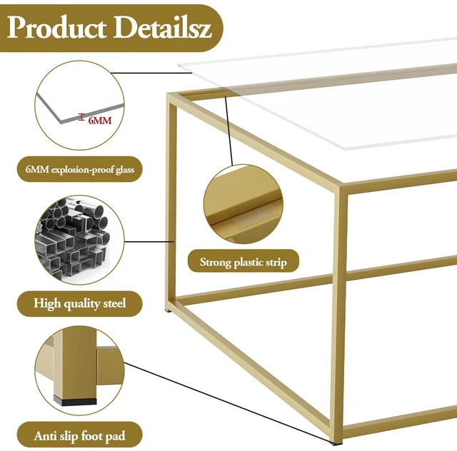Alt view image 5 of 7 - Glass Coffee Table, Small Square Coffee Table for Living Room,Simple Modern Center Tables for Small Spaces, Gold Living Room Tea Tables Easy Assembly,26 * 26inGold & Clear Glass
