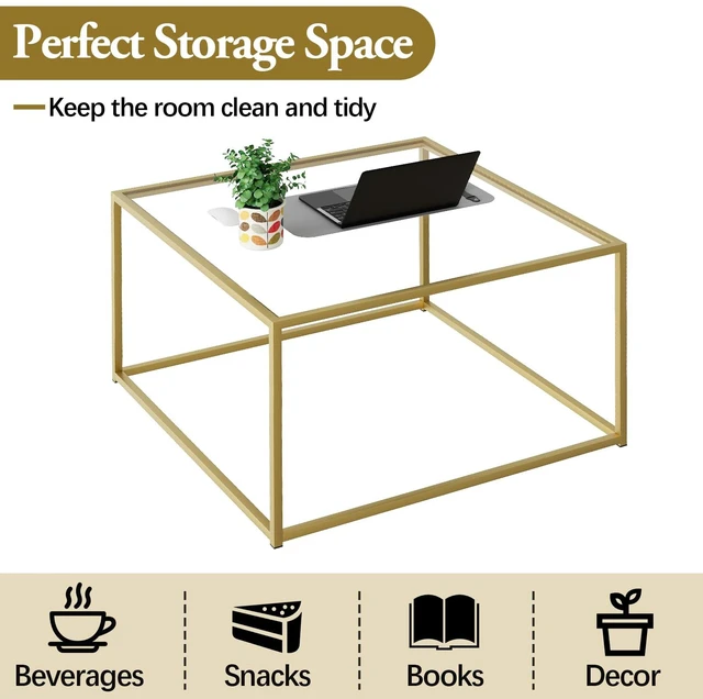Alt view image 4 of 7 - Glass Coffee Table, Small Square Coffee Table for Living Room,Simple Modern Center Tables for Small Spaces, Gold Living Room Tea Tables Easy Assembly,26 * 26inGold & Clear Glass
