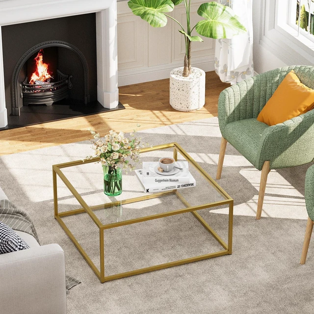Alt view image 6 of 7 - Glass Coffee Table, Small Square Coffee Table for Living Room,Simple Modern Center Tables for Small Spaces, Gold Living Room Tea Tables Easy Assembly,26 * 26inGold & Clear Glass