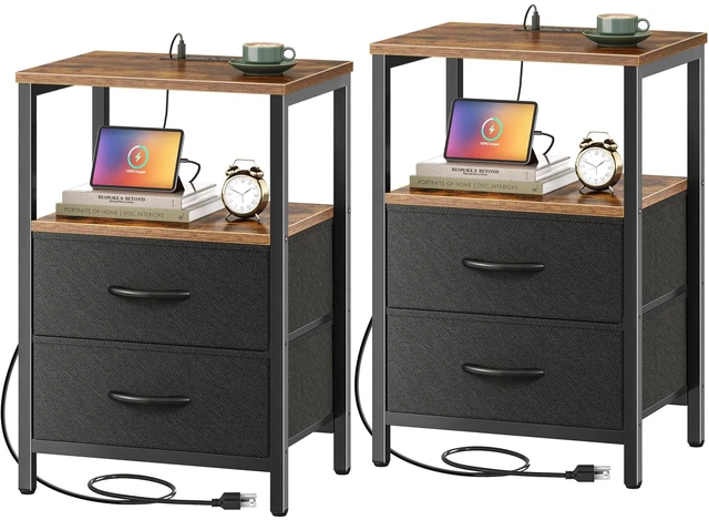 Main image of Nightstands Set of 2, End Tables with Charging Station, Side Table | Side Tables with Fabric Drawers, Bedside Tables with USB Ports and Outlets, Night Stands for Bedroom, Rustic Brown and Black