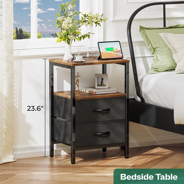 Alt view image 2 of 7 - Nightstands Set of 2, End Tables with Charging Station, Side Table | Side Tables with Fabric Drawers, Bedside Tables with USB Ports and Outlets, Night Stands for Bedroom, Rustic Brown and Black