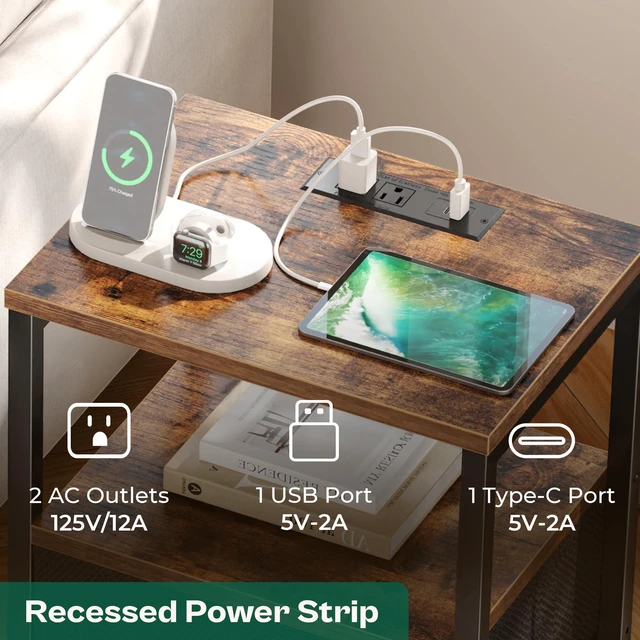 Alt view image 3 of 7 - Nightstands Set of 2, End Tables with Charging Station, Side Table | Side Tables with Fabric Drawers, Bedside Tables with USB Ports and Outlets, Night Stands for Bedroom, Rustic Brown and Black