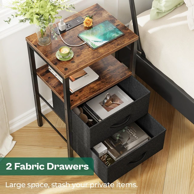 Alt view image 4 of 7 - Nightstands Set of 2, End Tables with Charging Station, Side Table | Side Tables with Fabric Drawers, Bedside Tables with USB Ports and Outlets, Night Stands for Bedroom, Rustic Brown and Black