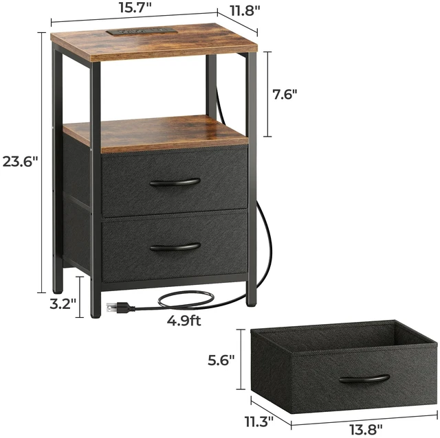 Alt view image 7 of 7 - Nightstands Set of 2, End Tables with Charging Station, Side Table | Side Tables with Fabric Drawers, Bedside Tables with USB Ports and Outlets, Night Stands for Bedroom, Rustic Brown and Black