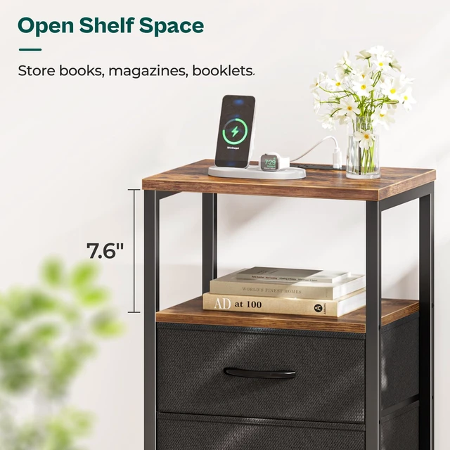 Alt view image 6 of 7 - Nightstands Set of 2, End Tables with Charging Station, Side Table | Side Tables with Fabric Drawers, Bedside Tables with USB Ports and Outlets, Night Stands for Bedroom, Rustic Brown and Black