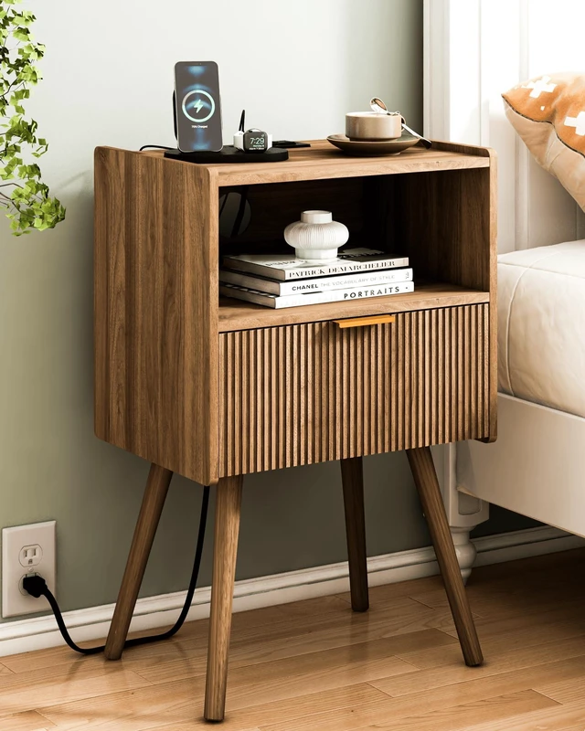 Main image of Nightstand with Outlet,Modern Bedside Table with Storage Drawer and Open Wood Shelf, for Living Room, Bedroom and Small Spaces, Accent Night Stand with Solid Wood Legs, Easy Assembly,Brown