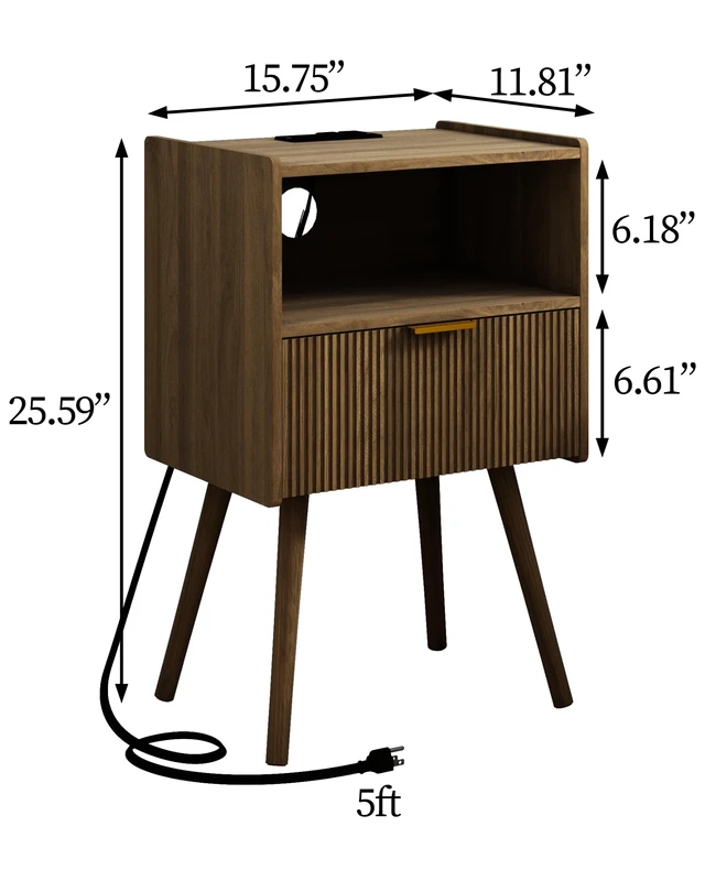 Alt view image 2 of 6 - Nightstand with Outlet,Modern Bedside Table with Storage Drawer and Open Wood Shelf, for Living Room, Bedroom and Small Spaces, Accent Night Stand with Solid Wood Legs, Easy Assembly,Brown