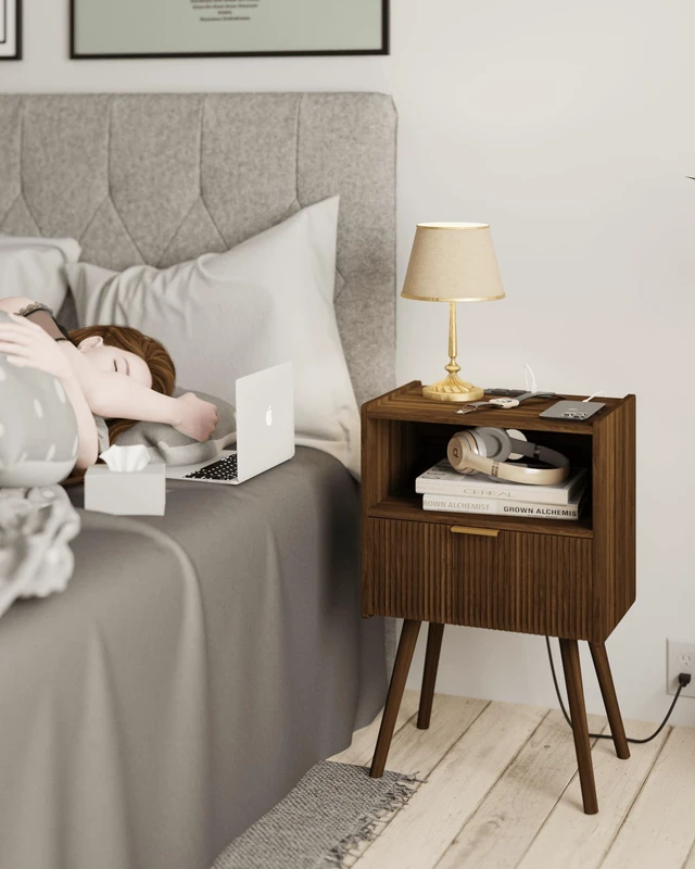 Alt view image 3 of 6 - Nightstand with Outlet,Modern Bedside Table with Storage Drawer and Open Wood Shelf, for Living Room, Bedroom and Small Spaces, Accent Night Stand with Solid Wood Legs, Easy Assembly,Brown