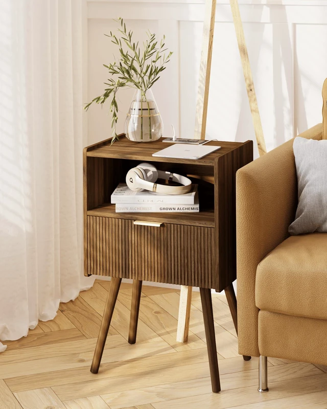 Alt view image 5 of 6 - Nightstand with Outlet,Modern Bedside Table with Storage Drawer and Open Wood Shelf, for Living Room, Bedroom and Small Spaces, Accent Night Stand with Solid Wood Legs, Easy Assembly,Brown
