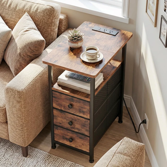 Alt view image 2 of 7 - Narrow Side Table, Small End Table with Charging Station | End Tables Living Room with USB Ports and Outlets, Slim Nightstand with 3 Fabric Drawers for Bedroom, Small Space, Brown