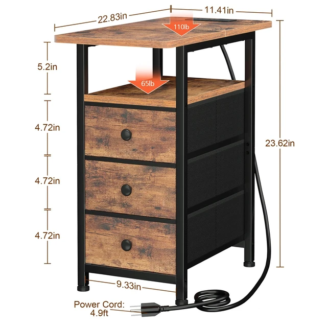 Alt view image 4 of 7 - Narrow Side Table, Small End Table with Charging Station | End Tables Living Room with USB Ports and Outlets, Slim Nightstand with 3 Fabric Drawers for Bedroom, Small Space, Brown