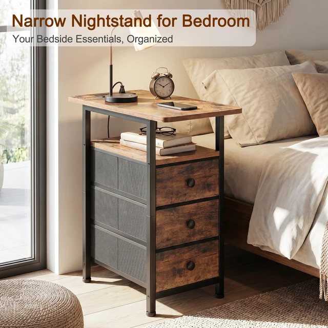 Alt view image 5 of 7 - Narrow Side Table, Small End Table with Charging Station | End Tables Living Room with USB Ports and Outlets, Slim Nightstand with 3 Fabric Drawers for Bedroom, Small Space, Brown