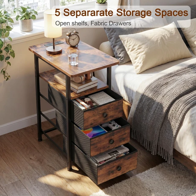Alt view image 6 of 7 - Narrow Side Table, Small End Table with Charging Station | End Tables Living Room with USB Ports and Outlets, Slim Nightstand with 3 Fabric Drawers for Bedroom, Small Space, Brown