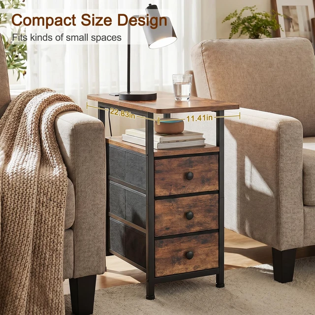 Alt view image 7 of 7 - Narrow Side Table, Small End Table with Charging Station | End Tables Living Room with USB Ports and Outlets, Slim Nightstand with 3 Fabric Drawers for Bedroom, Small Space, Brown