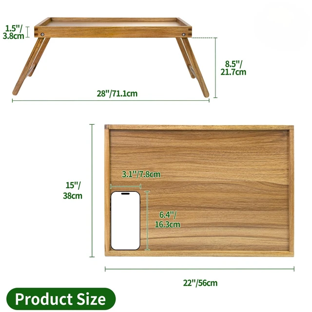 Alt view image 2 of 7 - Acacia Bed Tray Table with Folding Legs, Extra Large | Breakfast Tray with Handle for Eating, Laptop, Serving and Reading, Small Wooden Table for Picnic