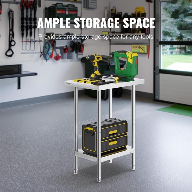 Alt view image 4 of 7 - Stainless Steel Prep Table, 24 x 18 x 34 Inch, Heavy Duty Metal Worktable with 3 Adjustable Height Levels, Commercial Workstation for Kitchen Garage Restaurant Backyard