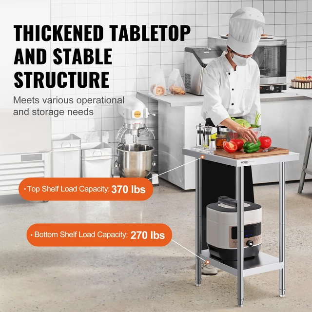 Alt view image 3 of 7 - Stainless Steel Prep Table, 24 x 18 x 34 Inch, Heavy Duty Metal Worktable with 3 Adjustable Height Levels, Commercial Workstation for Kitchen Garage Restaurant Backyard