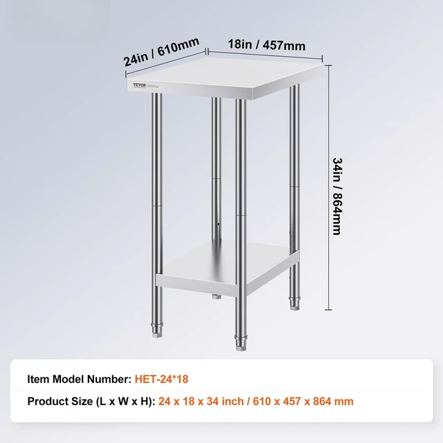 Alt view image 7 of 7 - Stainless Steel Prep Table, 24 x 18 x 34 Inch, Heavy Duty Metal Worktable with 3 Adjustable Height Levels, Commercial Workstation for Kitchen Garage Restaurant Backyard