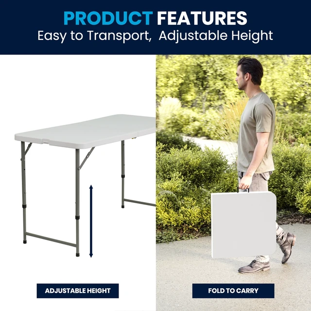 Alt view image 7 of 7 - 4-Foot Bi-Fold Granite White Plastic Folding Table | Lightweight, Easy Storage, Commercial Grade, Carrying Handle