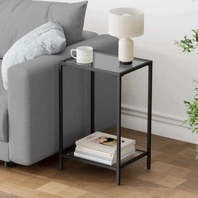 Alt view image 2 of 7 - Side Tables Set of 2 with Tempered Glass, Slim End Tables | Modern Style, 2-Tier Design, Storage Shelves, Drink Table, Accent Table, Living Room, Bedroom, 11.8" D x 15" W, Black