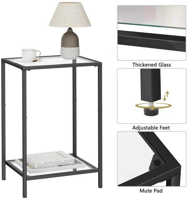 Alt view image 4 of 7 - Side Tables Set of 2 with Tempered Glass, Slim End Tables | Modern Style, 2-Tier Design, Storage Shelves, Drink Table, Accent Table, Living Room, Bedroom, 11.8" D x 15" W, Black
