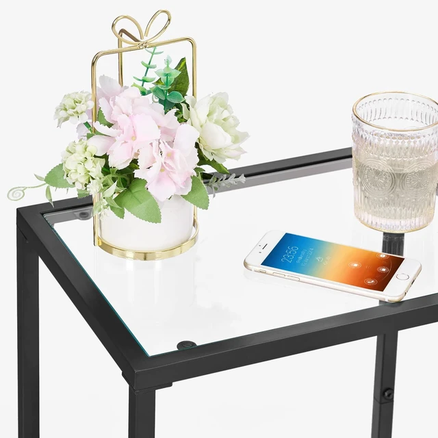 Alt view image 5 of 7 - Side Tables Set of 2 with Tempered Glass, Slim End Tables | Modern Style, 2-Tier Design, Storage Shelves, Drink Table, Accent Table, Living Room, Bedroom, 11.8" D x 15" W, Black