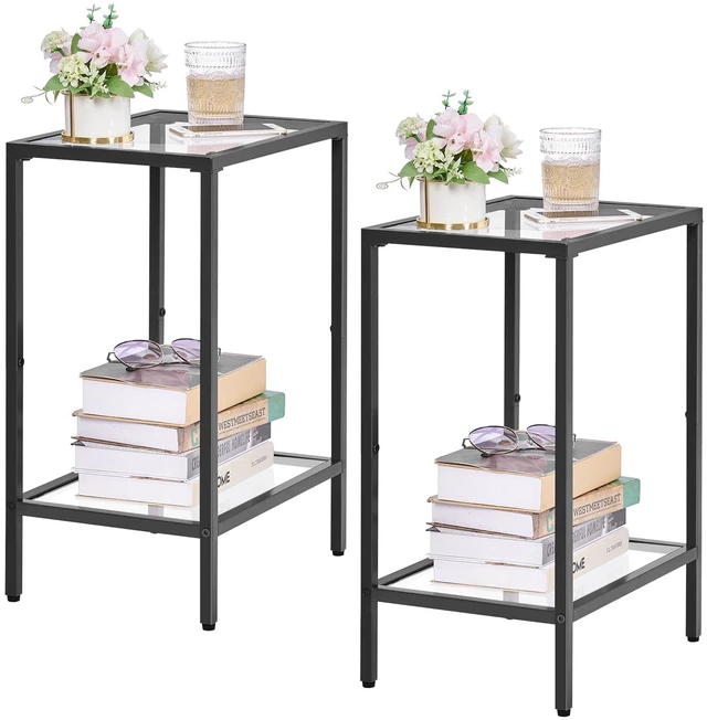 Alt view image 7 of 7 - Side Tables Set of 2 with Tempered Glass, Slim End Tables | Modern Style, 2-Tier Design, Storage Shelves, Drink Table, Accent Table, Living Room, Bedroom, 11.8" D x 15" W, Black