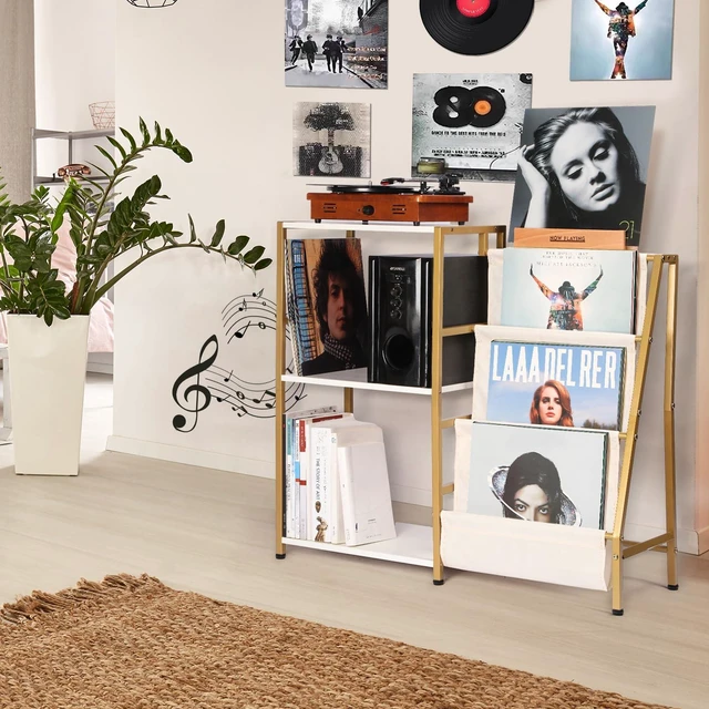 Alt view image 2 of 7 - Stand for Record Player, 3 Tier Vinyl Record Storage with Now Playing Holder, Turntable Stand, Vinyl Display with Speaker Storage for Living Room, Gold White