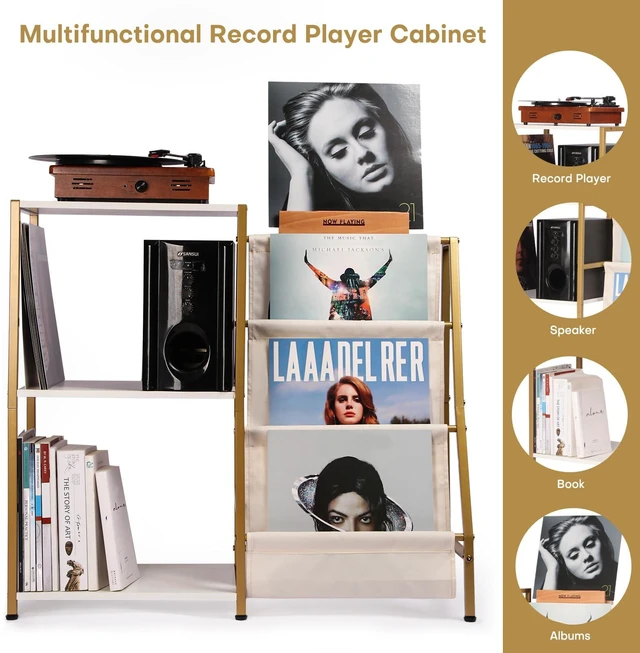 Alt view image 3 of 7 - Stand for Record Player, 3 Tier Vinyl Record Storage with Now Playing Holder, Turntable Stand, Vinyl Display with Speaker Storage for Living Room, Gold White