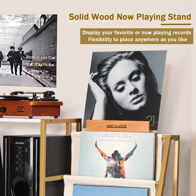 Alt view image 4 of 7 - Stand for Record Player, 3 Tier Vinyl Record Storage with Now Playing Holder, Turntable Stand, Vinyl Display with Speaker Storage for Living Room, Gold White