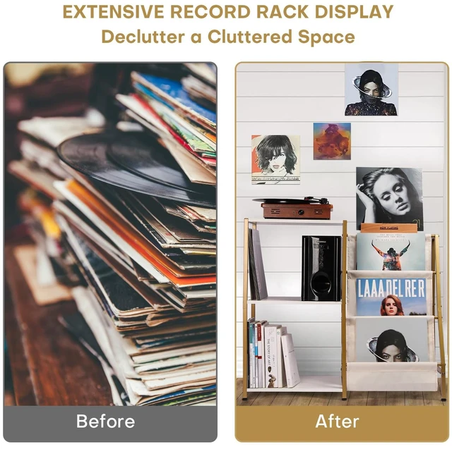 Alt view image 6 of 7 - Stand for Record Player, 3 Tier Vinyl Record Storage with Now Playing Holder, Turntable Stand, Vinyl Display with Speaker Storage for Living Room, Gold White