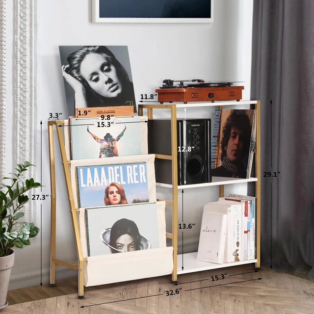 Alt view image 5 of 7 - Stand for Record Player, 3 Tier Vinyl Record Storage with Now Playing Holder, Turntable Stand, Vinyl Display with Speaker Storage for Living Room, Gold White