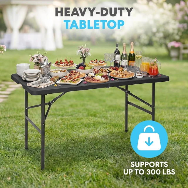 Alt view image 4 of 6 - 4ft Portable Plastic Folding Table Indoor & Outdoor Heavy-Duty Foldable Utility Table w/Handle for Party & Camping (Black)